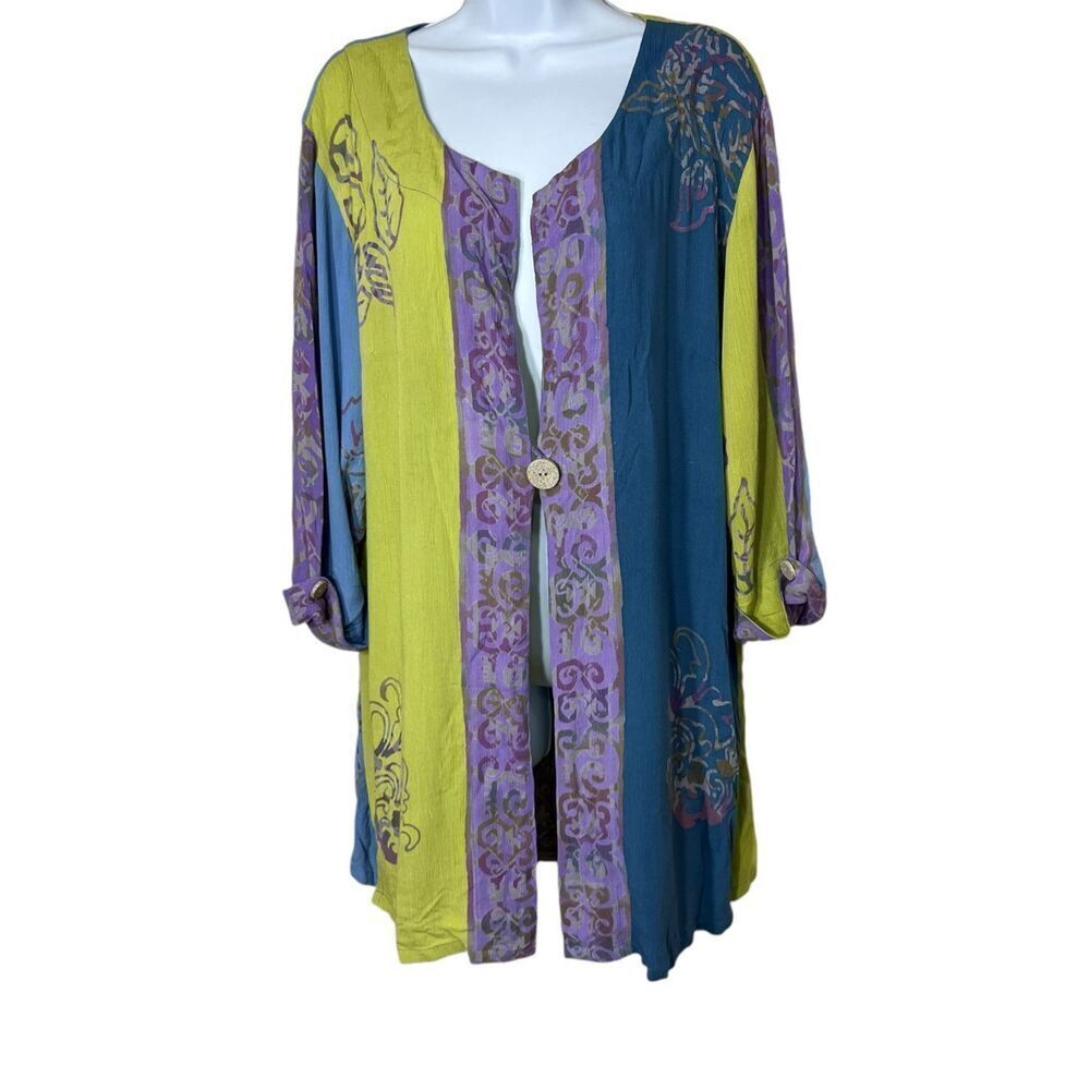 Soft Surroundings Purple Green Batik Print Rayon One Button Cardigan Blazer M